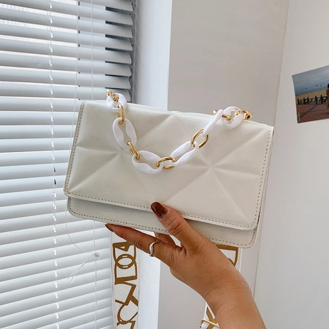 Geometric Quilted Square Bag PU Leather Chain Decor Wide Printed Strap Trendy Shoulder Crossbody Purse For Women