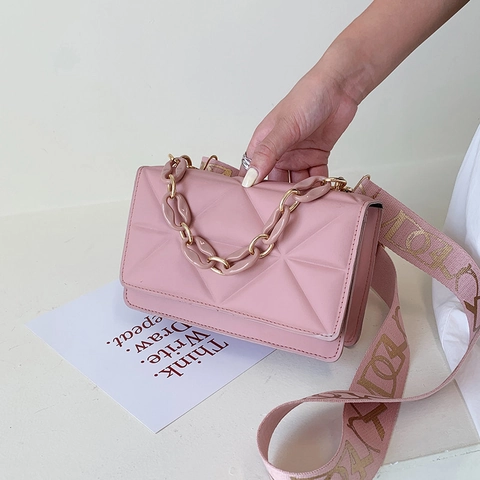 Borsa Quadrata Piccola Da Donna In Pelle PU Trapuntata Geometrica Catena Grossa Tracolla Larga Borsa A Spalla