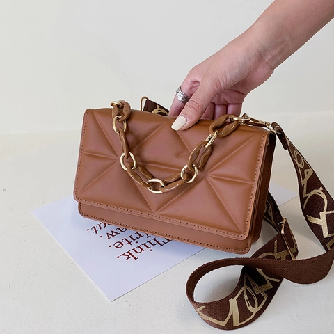Borsa Quadrata Piccola Da Donna In Pelle PU Trapuntata Geometrica Catena Grossa Tracolla Larga Borsa A Spalla