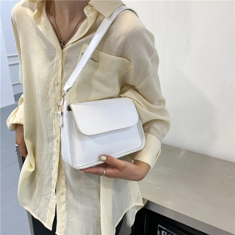 Women Crossbody Shoulder Bag PU Leather Flap Small Square Purse Retro Korean Style Solid Color Handbag With Gold Hardware