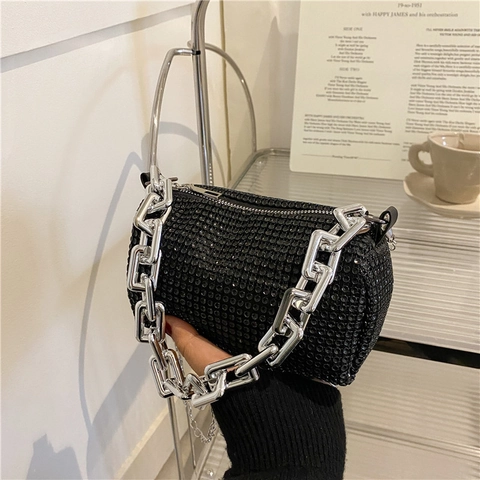 Glänzende Strass Zylinder Kissentasche Mit Dicker Silberner Kette Umhängetasche Handtasche Für Damen Party Y2K Mode