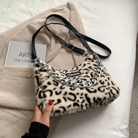 Damen Plüsch Schultertasche Kunstpelz Tote Kuh Leopard Print Mit Metallkette Und Verstellbarem PU Gurt Winter Mode