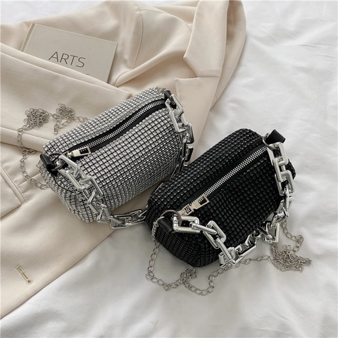 Rhinestone Barrel Crossbody Bag Shiny Cylinder Shoulder Handbag With Metal Chains For Women Party Evening Style