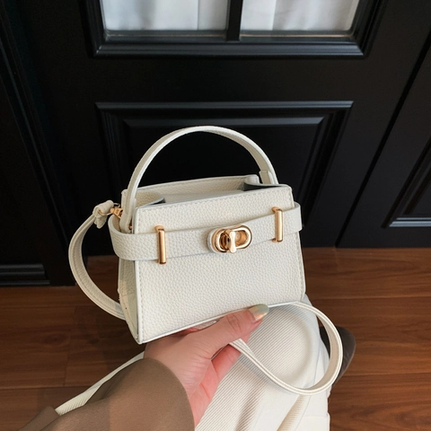 Mini Borsa A Mano Da Donna Trama Lychee Pelle PU Borsa A Tracolla Chiusura A Girello Dorata Elegante Moda Versatile