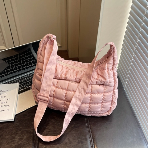 Women Quilted Puffer Shoulder Bag Lightweight Nylon Hobo Crossbody Handbag Large Capacity Fashionable Solid Color