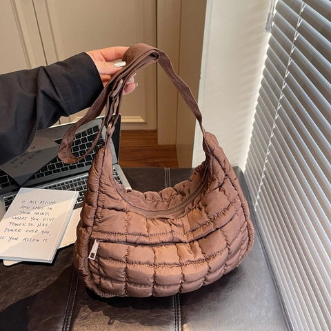 Women Quilted Puffer Shoulder Bag Lightweight Nylon Hobo Crossbody Handbag Large Capacity Fashionable Solid Color