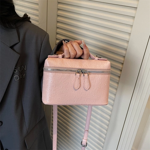 Borsa a Mano da Donna con Trama di Struzzo in Pelle PU Vintage Forma a Scatola Tracolla con Cinghia Regolabile