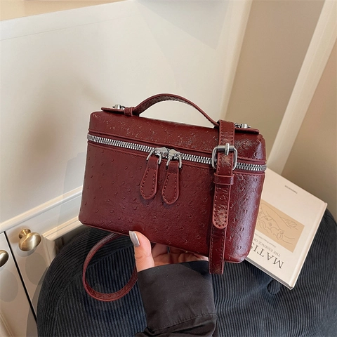 Borsa a Mano da Donna con Trama di Struzzo in Pelle PU Vintage Forma a Scatola Tracolla con Cinghia Regolabile
