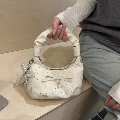 Borsa Hobo Da Donna Manico Pieghettato Raso Pizzo Fiocco Perla Artificial Strass Borsa A Tracolla Elegante