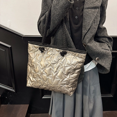 Star Quilted Tote Bag Metallic Oxford Cloth Large Capacity Casual Daily Shoulder Bag With Thick Rope Handle For Women
