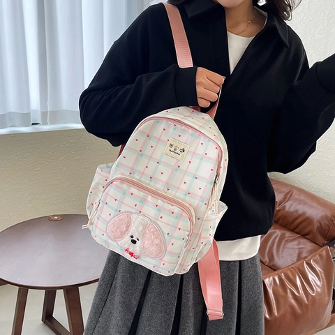 Kawaii Mini Rucksack Nylon Karo Herz Print Plüsch Hund Patch Schultasche Für Mädchen Süß Ins Style Leicht