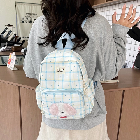 Kawaii Mini Rucksack Nylon Karo Herz Print Plüsch Hund Patch Schultasche Für Mädchen Süß Ins Style Leicht