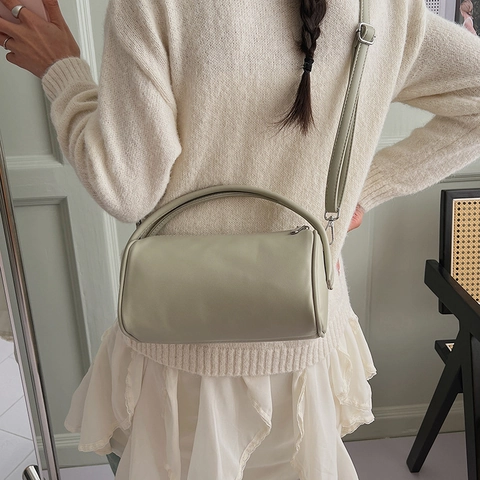 Vintage Cylinder Handbag PU Leather Lychee Pattern Retro Minimalist Shoulder Bag With Detachable Strap For Women