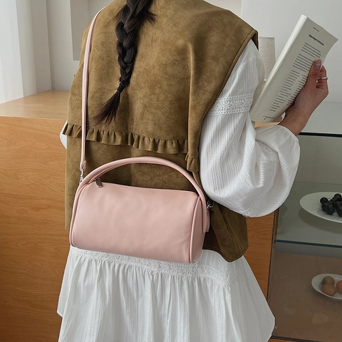 Vintage Cylinder Handbag PU Leather Lychee Pattern Retro Minimalist Shoulder Bag With Detachable Strap For Women