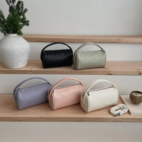 Vintage Lychee Texture PU Leather Cylinder Handbag Versatile Women Crossbody Bag With Adjustable Shoulder Strap Daily Tote