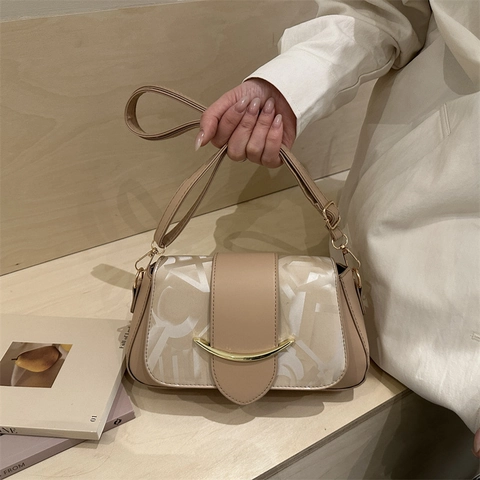 Women Crossbody Bag PU Leather Fabric Patchwork Letter Print Golden Crescent Buckle Trendy Retro Underarm Shoulder Bag