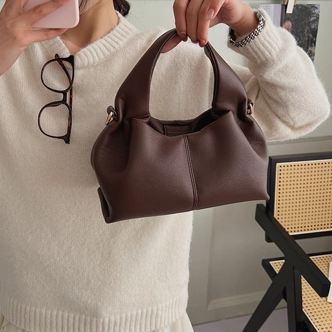 Women Pleated Cloud Handbag PU Leather Lychee Texture Crossbody Shoulder Bag Vintage Commuting Versatile