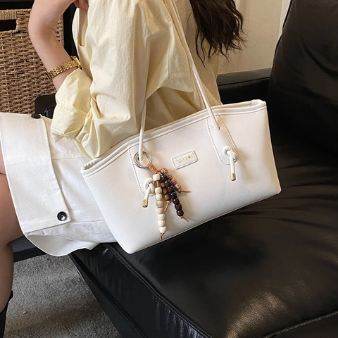 Women PU Leather Tote Bag Large Capacity Solid Color Shoulder Bag With Beaded Charm Commuter Work Casual Korean Style