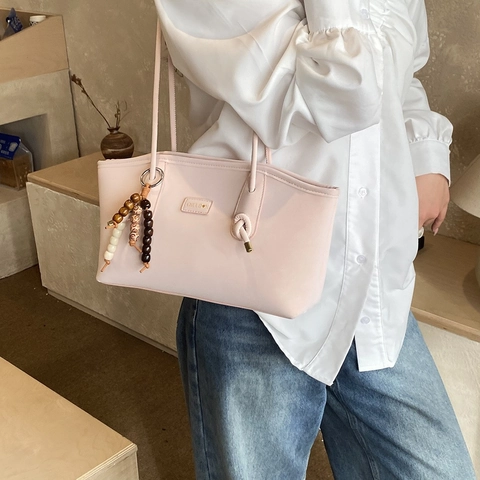 Women PU Leather Tote Bag Large Capacity Solid Color Shoulder Bag With Beaded Charm Commuter Work Casual Korean Style