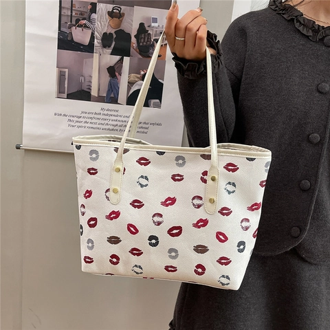 Modieuze PU Leren Draagtas Met Lippenprint Grote Capaciteit Ritssluiting Dames Schoudertas Voor Woon Werkverkeer School Werk
