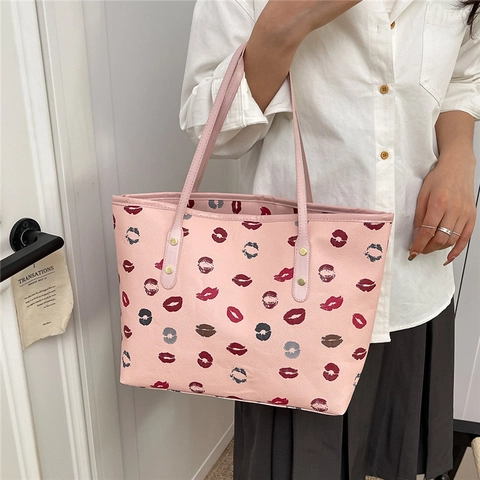 Modieuze PU Leren Draagtas Met Lippenprint Grote Capaciteit Ritssluiting Dames Schoudertas Voor Woon Werkverkeer School Werk