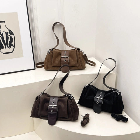 Bolso Bandolera de Cuero PU Vintage para Mujer Diseño Fruncido Con Hebilla de Metal Grande Correa Ancha Bolso de Hombro Retro Harajuku para Uso Diario