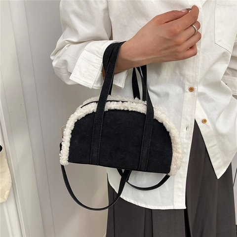 Retro Wildleder Handtasche Für Damen Halbrund Mond Tasche Mit Plüsch Lammwolle Besatz Herbst Winter Umhängetasche