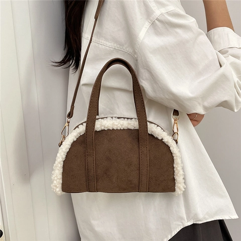 Retro Wildleder Handtasche Für Damen Halbrund Mond Tasche Mit Plüsch Lammwolle Besatz Herbst Winter Umhängetasche