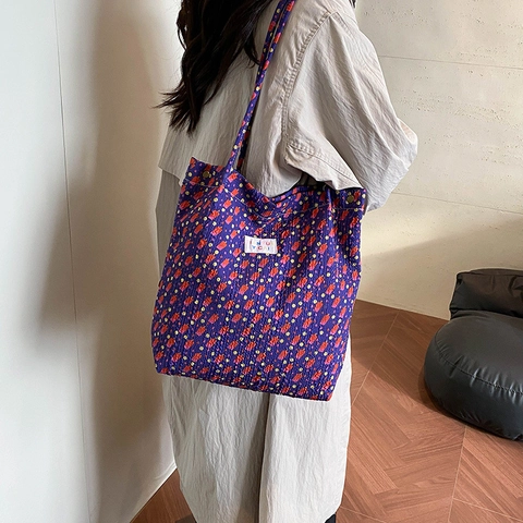 Sac Tote Imprimé Floral Grande Capacité Texture Seersucker Sac À Main Épaule Style Coréen Décontracté Femmes