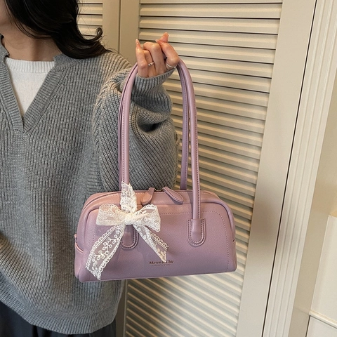 Bolso Boston Mujer Elegante Cuero PU Textura Lychee Bolso De Hombro Con Lazo De Encaje Dulce Chic Estilo Atemporal