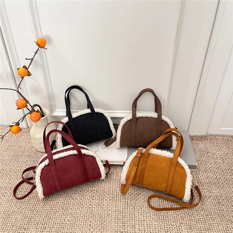 Borsa A Mano In Pelle Scamosciata Peluche Donna Autunno Inverno Colore A Contrasto Lana Di Agnello Borsa A Tracolla