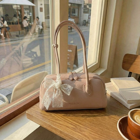 Bolso Boston Mujer Elegante Cuero PU Textura Lychee Bolso De Hombro Con Lazo De Encaje Dulce Chic Estilo Atemporal