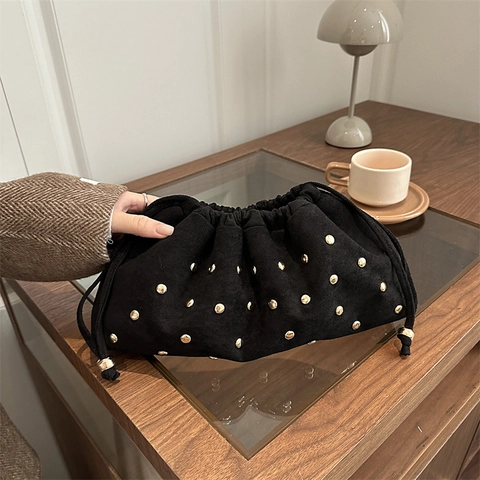 Vintage Geplooide Wolktas Voor Dames Suède Gouden Klinknagels Retro Tas Trekkoord Avond Clutch Tas