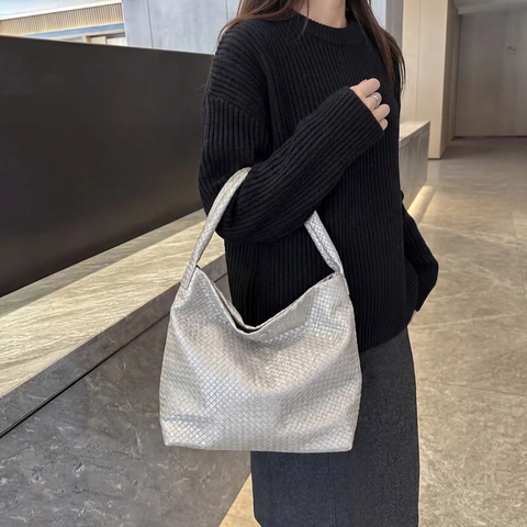 Große Gewebte Tragetasche PU Leder Handgewebte Schulter Hobo Tasche Minimalistische Pendler Handtasche Damen Vintage Stil