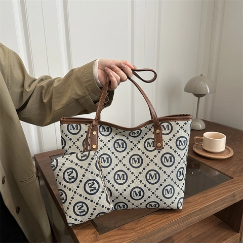 Mode Dames Monogram Tote Tas En Tasje Grote Capaciteit Canvas Synthetisch Leer Handtas Voor Woon-Werkverkeer