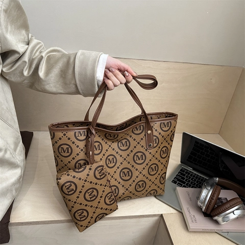 Mode Dames Monogram Tote Tas En Tasje Grote Capaciteit Canvas Synthetisch Leer Handtas Voor Woon-Werkverkeer