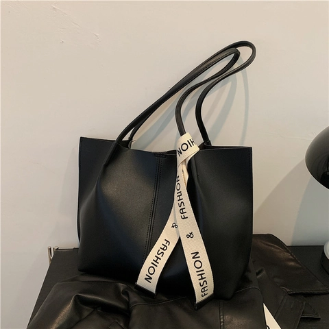 Women Large Capacity Tote Bag PU Leather Simple Vintage Shoulder Handbag With Fashion Ribbon Decoration Daily Commute