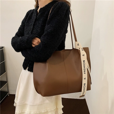 Women Large Capacity Tote Bag PU Leather Simple Vintage Shoulder Handbag With Fashion Ribbon Decoration Daily Commute