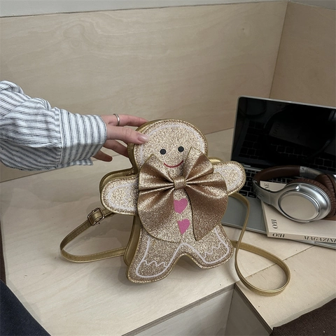 Gingerbread Man Crossbody Bag PU Glitter Shoulder Purse With Bow Christmas Novelty For Women Girls Festive Cute