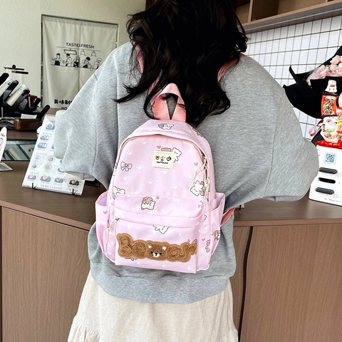 Sac À Dos Mignon Imprimé Ours Pour Filles Nylon Léger Imperméable Sac D École Style Coréen Écusson En Peluche