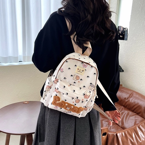 Sac À Dos Mignon Imprimé Ours Pour Filles Nylon Léger Imperméable Sac D École Style Coréen Écusson En Peluche