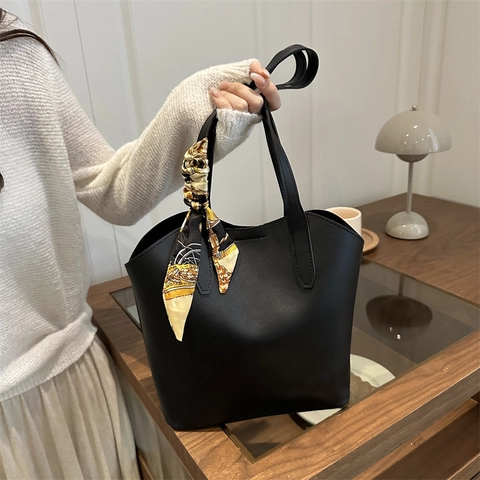 Women Large Capacity PU Leather Tote Bag With Decorative Satin Scarf Simple Shoulder Handbag For Daily Commute