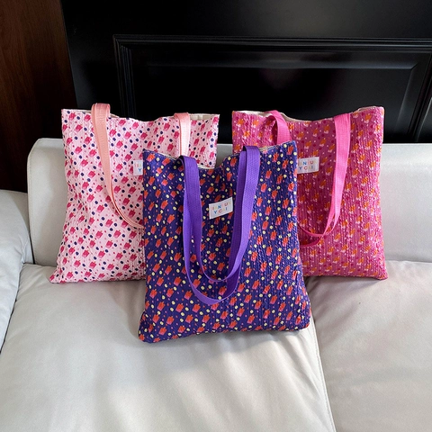 Lightweight Polyester Floral Tote Bag Japanese Style Pleated Shoulder Bag Large Capacity Handbag For Women Casual Travel