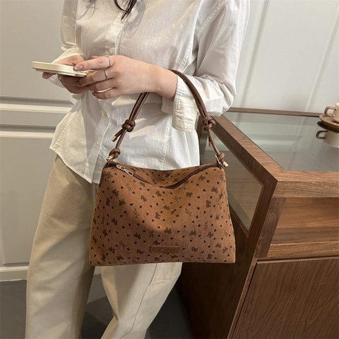 Borsa A Spalla In Velluto A Coste Per Donna Stampa Cuore Fiocco Tracolla Con Nodo Grande Capacità Hobo Tote Casual Sottobraccio