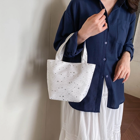 Sac Fourre-Tout En Toile Douce Pour Femme Avec Grand Nœud Imprimé Étoiles Argentées Sac À Main Chic Pour Le Travail