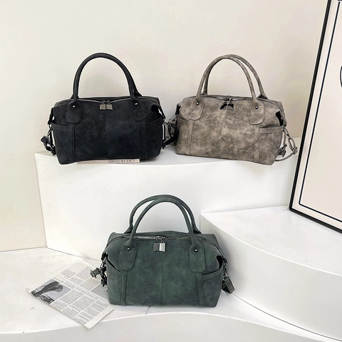 Retro Mattierte PU Leder Boston Tasche Große Kapazität Tragetasche Damen Freizeit Umhängetasche Mit Abnehmbarem Gurt