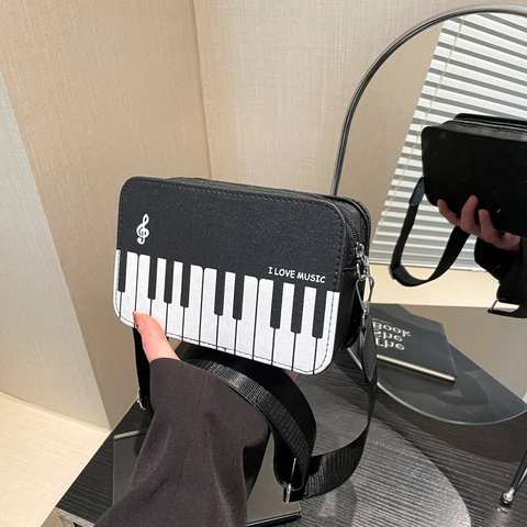 Piano Keyboard Print Crossbody Bag PU Leather Fashion Retro Square Shoulder Bag With Adjustable Strap For Women