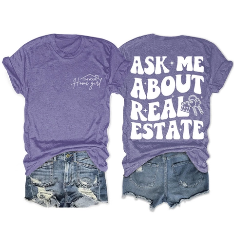 Camiseta De Mujer Mezcla De Algodón Manga Corta Cuello Redondo Ask Me About Real Estate Estampado Letras Casual Retro Tops