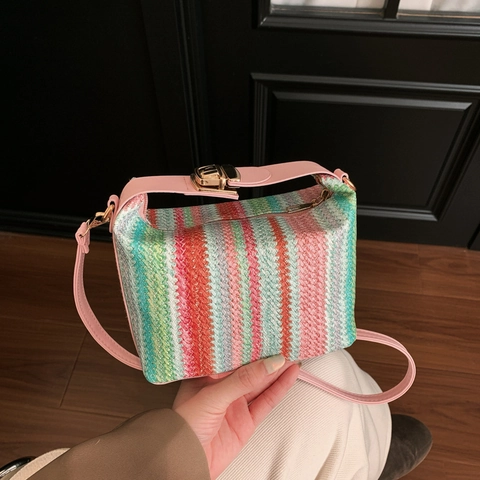 Borsa A Tracolla In Paglia Intrecciata Da Donna Righe Verticali Colore A Contrasto Borsa A Mano Con Tracolla Rimovibile In Pelle PU Estate Spiaggia