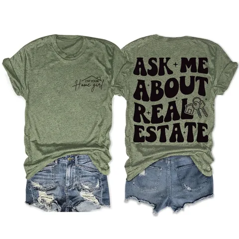 Camiseta De Mujer Mezcla De Algodón Manga Corta Cuello Redondo Ask Me About Real Estate Estampado Letras Casual Retro Tops